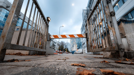 The image showcases a deserted urban street view with closed barrier gates and scattered fallen leaves on the sidewalk under a cloudy sky.の素材