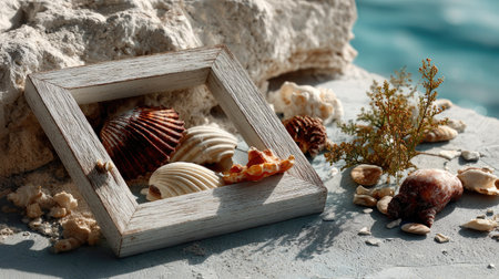 A captivating still life composition featuring various shells displayed in a rustic wooden frame. Surrounded by beach elements and natural textures, this image evokes a serene coastal atmosphere.の素材