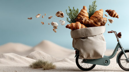 A whimsical scene featuring a bicycle carrying a bag overflowing with freshly baked croissants, set against a dreamy desert. Perfect for illustrating the joy of adventure, food culture, and summer explorations.の素材