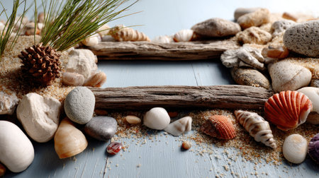 This image captures a beautiful arrangement of natural elements featuring shells, stones, and driftwood against a soft blue wooden background, evoking a serene coastal atmosphere.の素材