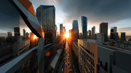 A stunning urban skyline at sunset showcases modern architecture with reflective glass buildings. Warm light enhances the vibrant city atmosphere.の素材
