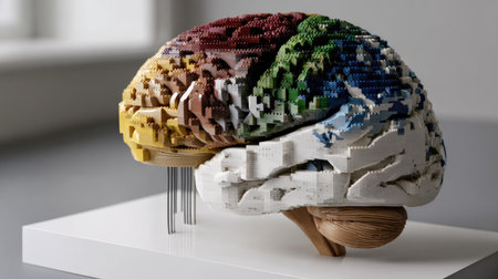 This striking 3D model of a brain made from colorful interlocking blocks presents a creative interpretation of anatomy designed for educational purposes.の素材