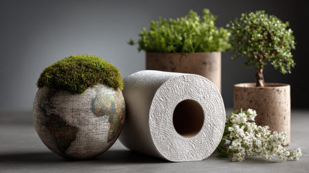 This captivating image showcases an eco-friendly decor arrangement featuring a globe with moss, decorative plants, and natural elements, promoting harmony and sustainability.の素材