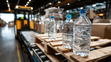 This image captures bottled water arranged on a wooden pallet with a forklift visible in the background, showcasing a busy warehouse environment.の素材