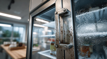 A close-up view of a frosted refrigerator door handle with condensation, showcasing a rustic kitchen setting that evokes a sense of home and freshness.の素材