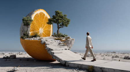 A dreamlike scene featuring a giant orange carved out with a pathway leading to a tree, creating a surreal and imaginative landscape by the sea.の素材