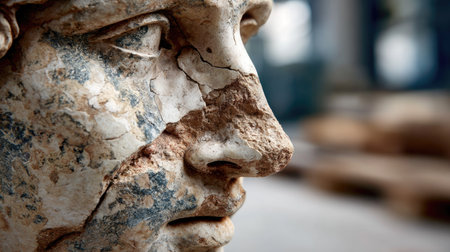 This close-up image showcases the intricate details of an ancient marble sculpture, revealing textures, cracks, and artistry that tell a story of history and craftsmanship.の素材