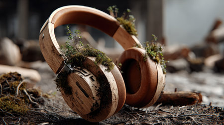 This captivating image features eco-friendly wooden headphones adorned with lush moss, nestled in a tranquil forest setting. The blend of technology and nature showcases a commitment to sustainability and creativity.の素材