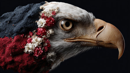 This striking close-up image showcases the head of an eagle adorned with floral accents, emphasizing intricate textures and dramatic details against a dark backdrop.の素材