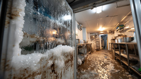 This image depicts a waterlogged commercial kitchen with dirty floors and foam accumulation, highlighting negligence and potential health hazards.の素材