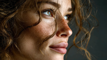 This intimate portrait showcases a young woman with curly hair and freckles, capturing her expressive eyes and serene demeanor against a dark backdrop.の素材
