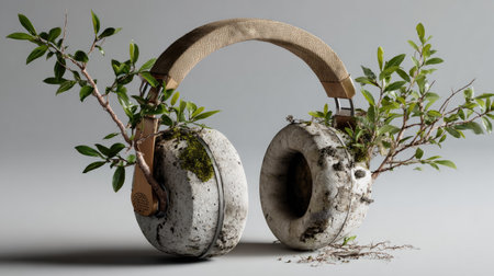 A stunning representation of sustainability, this image features headphones with plants and greenery, symbolizing the harmony between technology and nature.の素材