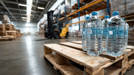 This image showcases clear bottled water resting on a wooden pallet in a well-organized warehouse. A forklift is visible in the background, emphasizing the industrial environment.の素材