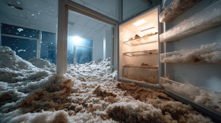 This captivating image captures a surreal abandoned room featuring an open refrigerator overflowing with foam, creating an otherworldly atmosphere.の素材