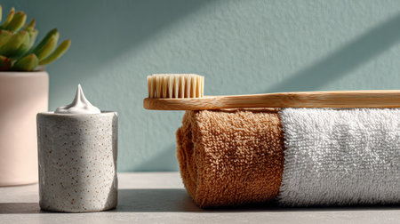 A serene setup featuring a bamboo toothbrush, soft towels, and a calming plant, ideal for promoting cleanliness and relaxation in a modern bathroom space.の素材