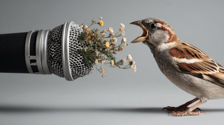 A charming image of a bird singing into a microphone adorned with flowers. This creative concept captures the essence of nature intertwined with music and expression.の素材