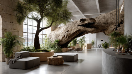 This stunning lobby showcases modern interior design featuring a blend of natural elements, artistic sculptures, and spacious comfort, creating a unique atmosphere.の素材