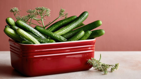 A vibrant display of fresh cucumbers nestled in a red bowl, accented by dill sprigs, set against a soft pink background, perfect for culinary visuals.の素材