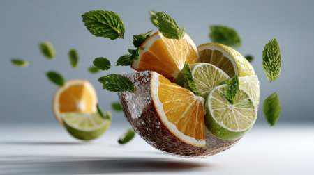 Capture the essence of freshness with floating citrus fruits and mint leaves, perfect for culinary presentations, beverage designs, and healthy lifestyle themes.の素材