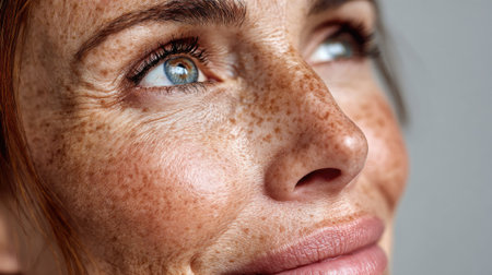 This stunning close-up portrait captures a woman with beautiful freckles and bright blue eyes, radiating natural beauty and warmth. Soft lighting enhances her skin texture, revealing emotions of joy and confidence.の素材