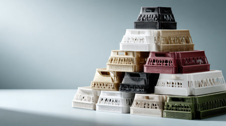 A visually striking arrangement of colorful baskets stacked in a pyramid formation, showcasing a blend of hues and textures for decorative and organizational purposes.の素材