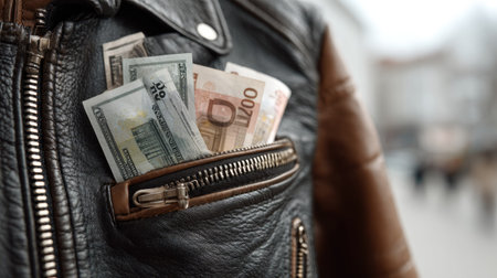A close-up shot of a leather jacket with cash tucked into the pocket, illustrating a blend of urban fashion and currency lifestyle, highlighting comfort and style.の素材