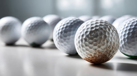 This close-up image showcases a series of golf balls on a table, highlighting the contrast between worn and new surfaces, emphasizing texture and detail in soft indoor lighting.の素材