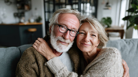 A heartwarming image of a loving senior couple embracing and smiling in a cozy home setting, showcasing their companionship and affection.の素材
