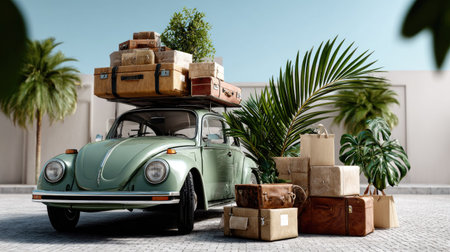 A charming vintage car adorned with various suitcases and surrounded by lush tropical plants sets the perfect scene for a memorable summer adventure.の素材