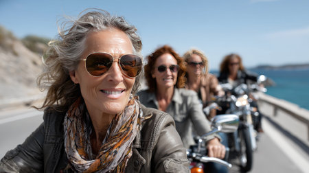 A happy group of women riding motorcycles along a picturesque coastal road, embodying freedom and adventure under a bright blue sky.の素材