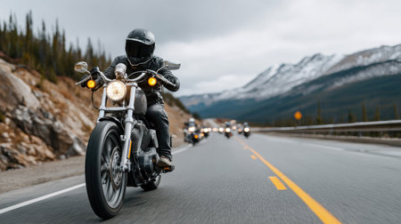 A dynamic scene of a rider on a custom motorcycle speeds along a beautiful mountain road under a stormy sky, capturing the spirit of freedom and adventure.の素材