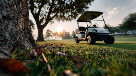 A serene view of a golf cart parked on lush green grass, framed by majestic trees and bathed in warm morning light, creating a tranquil atmosphere ideal for golf enthusiasts.の素材