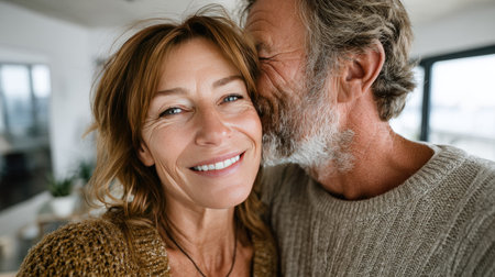 This heartwarming image captures a couple sharing a loving moment indoors, showcasing their happiness and deep connection in a cozy, inviting home setting.の素材