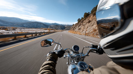 Capture the essence of freedom with this scenic motorcycle ride along an open highway, surrounded by stunning mountains under a clear blue sky. Enjoy the thrill of adventure!の素材