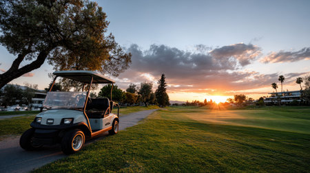 A picturesque view of a golf course at sunset featuring a parked golf cart beside a lush green pathway. The scene captures the essence of leisure and tranquility.の素材
