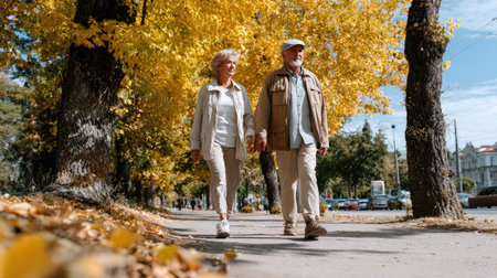 An elderly couple enjoys a leisurely walk hand in hand on a bright autumn day, surrounded by vibrant golden foliage and warm sunlight.の素材