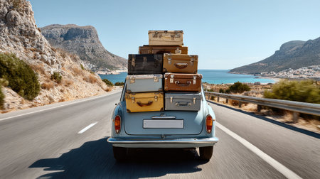 A charming vintage car loaded with colorful luggage travels down a picturesque road by the coast, surrounded by stunning mountains and clear skies.の素材