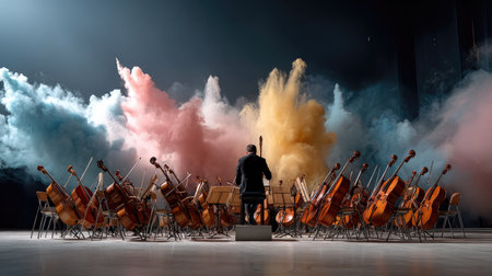 A stunning orchestra performance showcasing rich emotions and vibrant colors with smoke effects creating a dramatic and engaging atmosphere.の素材