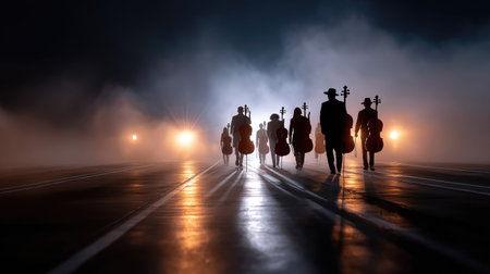 A captivating scene of musicians carrying cellos, walking through a foggy night. The dramatic lighting and dark background create a mysterious and artistic atmosphere, emphasizing the elegance and emotion of music.の素材