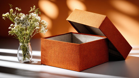 This charming scene features an elegant orange storage box with a lid positioned next to a delicate glass vase containing dried flowers, bathed in soft light.の素材