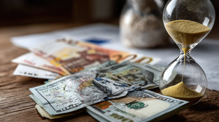 A compelling image showcasing the connection between time and money, featuring various currencies and an hourglass, signifying the pressure of financial decisions.の素材