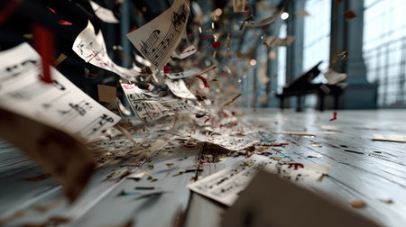 This striking image captures the dynamic movement of musical notes and sheet music swirling through the air in an elegant music hall, creating a sense of creativity and rhythm.の素材