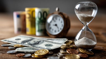 This image captures the intricate relationship between time and money, featuring an hourglass, coins, and currency notes alongside a clock, ideal for finance themes.の素材