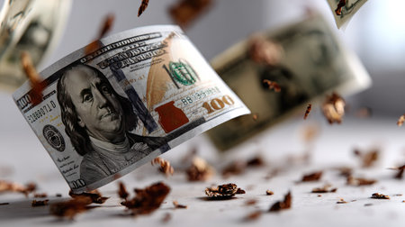 A close-up image showcasing flying banknotes surrounded by scattered brown leaves, evoking themes of finance, wealth, and the organic flow of money.の素材