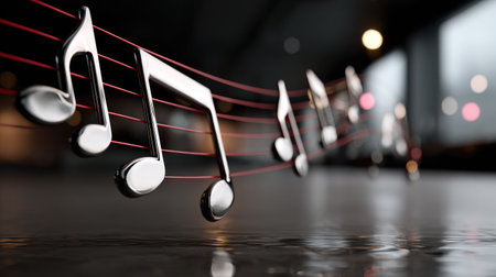 This captivating image features elegant music notes gracefully floating above a reflective surface, complemented by soft blurred lights in the background. The serene atmosphere evokes a sense of harmony and creativity, making it ideal for music-related projects.の素材