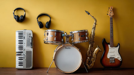 This vibrant arrangement features a variety of musical instruments including drums, saxophone, guitar, and keyboard set against a bold yellow background, perfect for music-themed projects.の素材