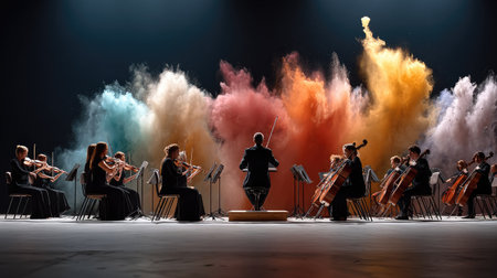 An orchestra performs on stage, featuring musicians with string instruments. Vibrant color powder erupts in the background, creating an artistic atmosphere.の素材