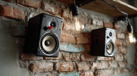 This image features vintage style audio speakers mounted on a brick wall, accompanied by warm ambient lighting. Ideal for enhancing a cozy interior atmosphere.の素材