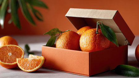 A beautiful arrangement of fresh oranges in a rustic brown box, featuring green leaves, set against a warm background, perfect for food photography.の素材