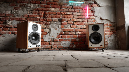 A striking image featuring vintage wooden speakers positioned against a textured brick wall. Neon lights add a contemporary touch to the room's industrial aesthetic.の素材